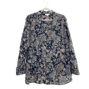J.Jill 100% Cotton Floral Paisley Button Up Long Sleeve Top Size 2X Navy Cream